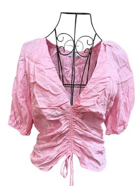 Lush Bubblegum Pink Ruched V-Neck Women's Top Small